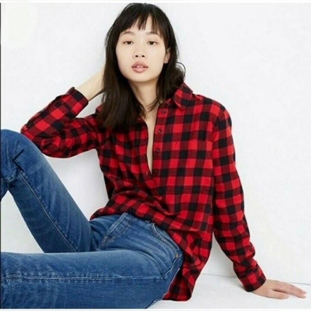 Madewell Shirt M Medium Flannel Popover Buffalo Check Red Black Long Sleeve